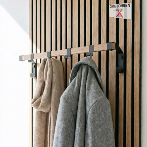 Garderobestange mit zweiter Hakenebene für Akustikpaneele ohne Bohren – Wandgarderobe/Hakenleiste/Garderobenstange für Wandpaneele für Jacken, Taschen, Caps – Split Oak (55 cm – Einzelstange)