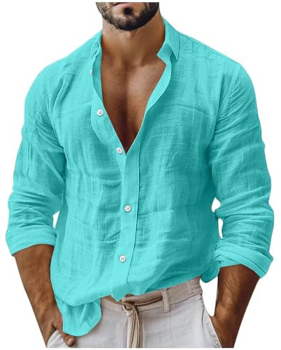 Camicia Uomo Lino Manica Lunga Estiva vestibilità Ampia Camicie Casual Henley Uomo con Bottoni Tinta Unita Maglie Cotone Fresca Camicia in Lino da Spiaggia Estiva per Mare Vacanza