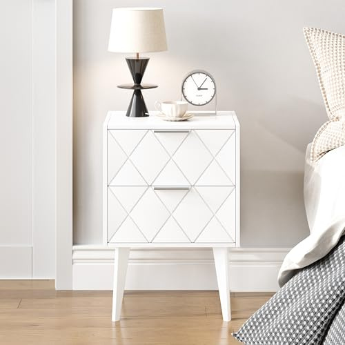 IRCPEN Mesitas de Noche Blancas con Dos Cajones Bedside Table | Estilo Moderno Y Elegante,Fabricado En Madera,Estructura Estable Sin Vibraciones,Para Salón Y Dormitorio