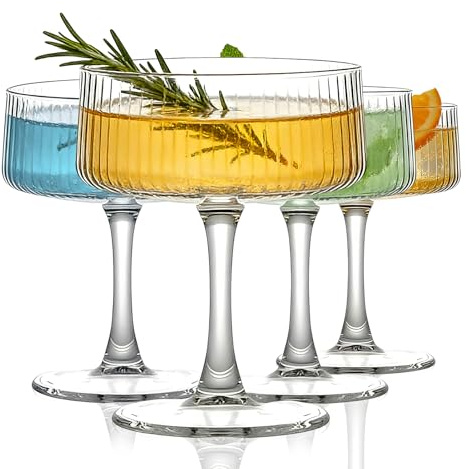 TOLASTO Coupe Cocktail Glasses Set of 4, 260ML Ribbed Martini Glasses Vintage Dessert & Champagne Coupe Glass Cups for Cocktails, Espresso Martini, Prosecco & Desserts