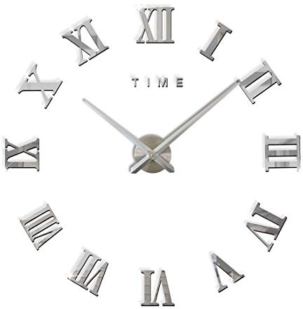 FAS1 Moderne DIY Große Wanduhr Big Armbanduhr Aufkleber 3D Spiegel Aufkleber Römischen Ziffern Wanduhr Home Office Abnehmbarer Dekoration (Akku Nicht Enthalten) Silber
