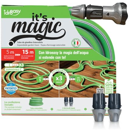 Idroeasy, Tubo Acqua Estensibile da Giardino 15 Metri, Diametro 5/8, Tubo Irrigazione Estendibile x3 Volte, Anti Nodo e Anti Torsione, Atossico, Leggero, Salvaspazio e Riciclabile, Made in Italy