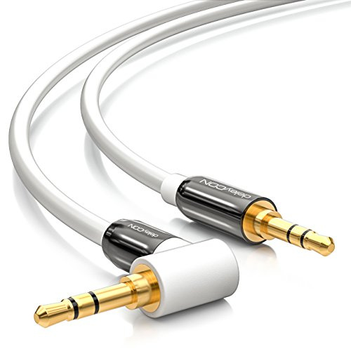 deleyCON 5m 3,5mm AUX-Kabel Stereo Ljudkabel Klinkkontakt 1x 90° Vinklad för PC Laptop Mobil Smartphone Surfplatta Bil HiFi‑Receiver - Vit