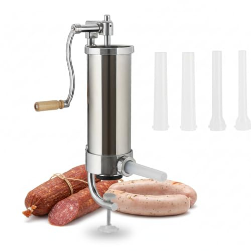 3,5L Wurstfüller, Wurstmaschine Manuell, Wurstfüllmaschine Edelstahl mit Tischklemme, Press Wurstspritze inkl. 4 Füllrohre