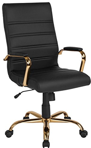 Flash Furniture Whitney High-Back Swivel LeatherSoft Desk Chair with Padded Seat and Armrests, Adjustable Height Padded Office Chair, Black/Gold