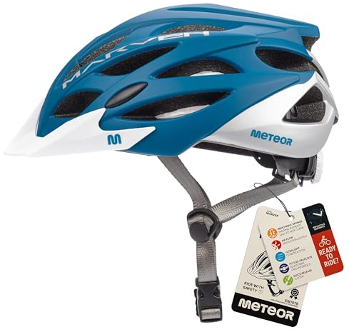 meteor Cykelhjälm för män, kvinnor och barn, elscooterhjälm, hjälm för racercykel, mountainbike, inlines, skateboard, elscooter (L (58–61 cm), blå vit)