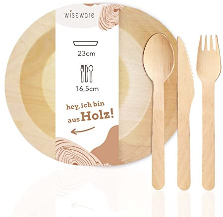 Set de couverts jetables en bois de bouleau avec assiettes, en bois de bouleau comme alternative au papier plastique ou au bambou, 30 assiettes, 30 couteaux, 30 fourchettes.
