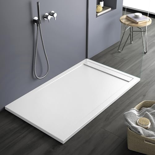 Piatto doccia bianco, in mineralmarmo, con effetto pietra ardesia, serie Lisboa, slim 3 cm, rivestito di Gelcoat, antiscivolo