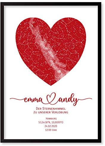 Personalisierte Sternenkarte - Sternenhimmel Poster - Die Sternenkarte vom Wunschdatum mit Wunschtext - Personalisiertes Geschenk für Paare - Kennenlernen, Verlobung, Hochzeit (Rot/Weiss)