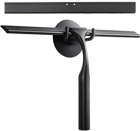 GlobaLink Shower Squeegee, 10’’ Stainless Steel Shower Scrapers with Hanging Suction Hook All-Purpose Bathroom Window Wiper With Replacement Silicone Blade for Shower Door, Mirror - Black