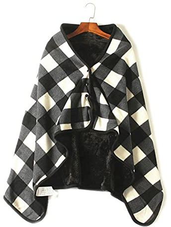 VIGAN Scialle Coperta Caldo da Esterno Indossabile Coperta in Flanella con Cappuccio Doppio Lato Plaid con Bottone Scialle in Peluche (G:Griglia Nera)