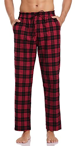 Aseniza Herren Schlafanzughose Lang Baumwolle Karierte Schlafhose Pyjamaunterteil Pyjamahose Freizeithose Loungehose für Männer A-Rot+Schwarz L