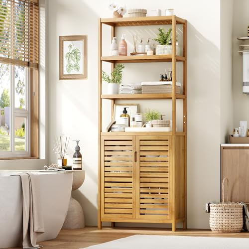 HIFIT Tall Bathroom Storage Cabinet, 66 Bamboo Narrow Bathroom Floor Cabinet with 2 Door & 4-Tier Open Shelves, Corner Tall Cabinets Freestanding Organizer Unit for Bath, Living Room, Entryway,Nature
