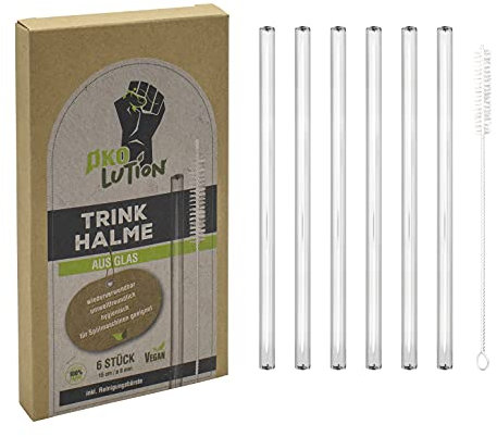 Ökolution Set di 6 ciotole in vetro, lunghezza 15 cm, riutilizzabili ed ecologiche, con pratica spazzola per la pulizia, Ø ca. 10 mm, confezione in cartone FSC sostenibile