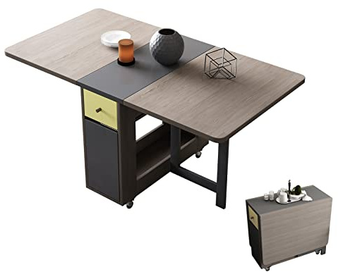 FUNROLUX Folding Dining Table with Storage Rack and 2 Drawers, Movable Kitchen Table Extendable Versatile Table Space Saving Foldable in 3 Forms (Grey)