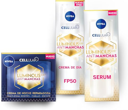 NIVEA Cellular Luminous630 - Set Antimanchas - Crema de Día FP50 40 ml + Sérum 30 ml + Crema de Noche 50 ml - Con Ácido Hialurónico y Thiamidol - Reduce Manchas - Todo Tipo de Piel y Sensible