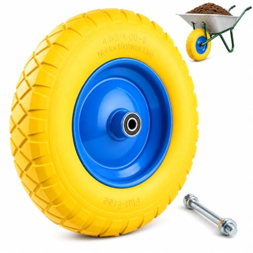 BAUSTER® Schubkarrenrad Vollgummi pannensicher 4.80/4.00-8 PU Ø 380mm Achse Ersatzrad Stahlfelge Reifen Gelb Rad Schubkarren Gummirad