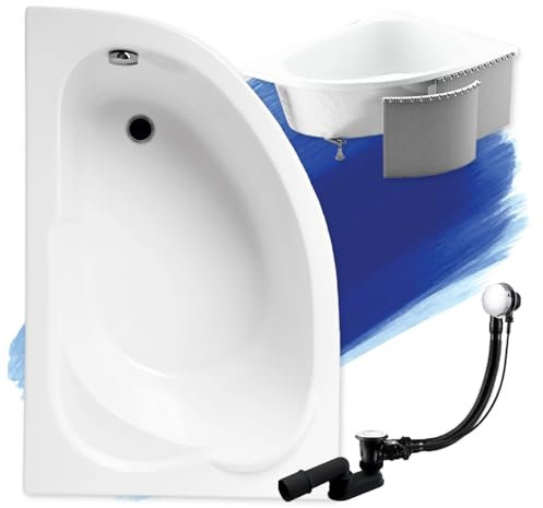 BADLAND Badewanne Original Weiß Acryl Wanne Eckbadewanne STANDARD 130x85 Links KOMPLETTSET SET mit Premium Styroporverkleidung + Füßen und Exklusive Chrom Automatik Ablaufgarnitur Made in EU 4in1