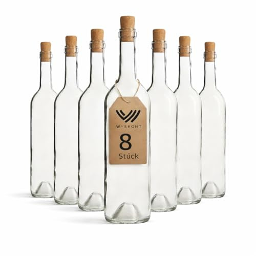 WYSKONT Weinflaschen 750 ml klar mit Korken – 8 Stück Bordeaux Glasflaschen zum Befüllen – Leere Glasflaschen für Wein, Likör, Saft, Öl – stabile Glasflasche Set 750 ml luftdicht verschließbar