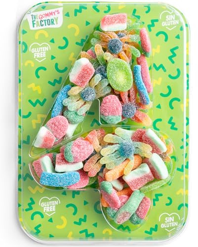 Gommy's Factory, Party Numbers nº 4 SIN GLUTEN. Tarta de gominolas para cumpleaños y celebraciones con forma de números. 500g chuches