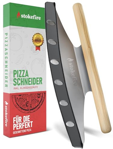 STOKEFIRE Pizzaschneider groß | Großes Wiegemesser für Pizza, Kuchen & Kräuter [MIT KLINGENSCHUTZ] 36 cm Qualitätsklinge, Pizzamesser (Pizzacutter) besser als jeder Pizzaroller