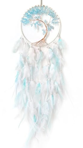 SOYUZU White and Cyan Dream Catcher Wall Decor Crystal Tree of Life Dream Catchers Handmade Feather Dreamcatcher Wall Hanging Ornament for Bedroom Living Room Home Decor