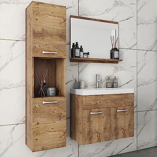 MINIO go for it - Badmöbel 3-Teilig Set Monal, Spiegel mit Regal | Schrank mit Waschbecken Laminierte Spannplatte Griffe und Beschläge aus Metall Kastanien Breslau