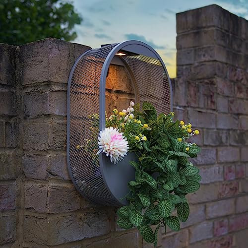 Festive Lights - 50cm Solar Powered Grey Oval Wall Planter with Warm White LED Light - IP44 Weather Resistant Design - Modern Outdoor Metal Basket for Flowers, Foliage and Decorative Displays