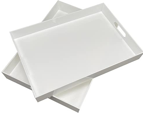 Plateau en Plastique Acrylique avec Poignées - Grand Plateau Rectangulaire - Petit Déjeuner, Thé/Café, Aliments, Boissons - Lot de 2 : 42x30x5cm & 40x28x4,3cm (BLANC)