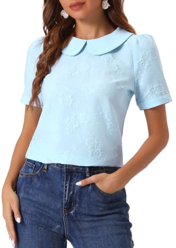 Allegra K Peter Pan Collar Blouse for Women's Floral Jacquard Puff Short Sleeve Kawaii Top Light Blue M