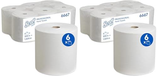 Scott gerollte Papierhandtücher 6667 - Rollenhandtuch für Spender - 6 x 304 m Papierhandtuchrollen- Weiß, 1-lagig, besonders saugfähig und reißfest (Packung mit 2)
