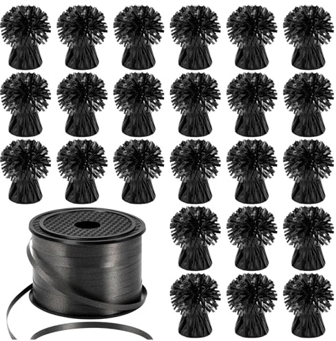 24 PCS Balloon Weights Metallic Anchor, Balloon Holder Heavy Weights with 1 Roll Black Crimped Ribbon for Balloons Table Party Favor Birthday Decor(Black)