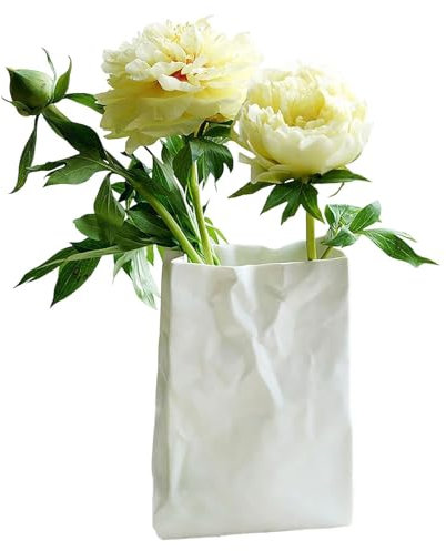 1/2 Stück zerknitterte Papiervase – Papiertüte Keramikvase | einzigartige quadratische breite Mund gefaltete kleine Vase, haltbare weiße Keramik zerknitterte Vase, Heimtextilien Vase, 14 x 19 cm