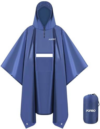 POFIBO Regenponcho para Hombres y Mujeres - Capa de Lluvia con Capucha, Ligera y Reutilizable, 3 en 1 Multifuncional, Transpirable, Chaqueta de Lluvia con Bolsillos, Tiras Reflectantes