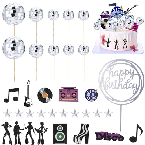 35 Stück Disco Cake Topper Set mit Happy Birthday Topper | Disco Ball Cupcake Dekorationen Discokugel Tortendeko für Geburtstags Disco Themenparty