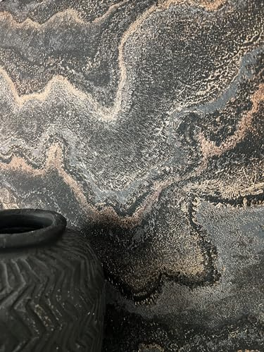 Newroom Vliestapete Schwarz Marmor Mustertapete Wohnzimmer | Anthrazit mit kupfer-bronzefarbenen Akzenten, dramatisches Achatmuster welligen Adern, Putzoptik, Wandtapete, Schlafzimmer