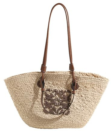 OPLKIOP Straw Shoulder Bag - Women's Woven Straw Handbag - Large Summer Beach Leather Tote With Zipper-White