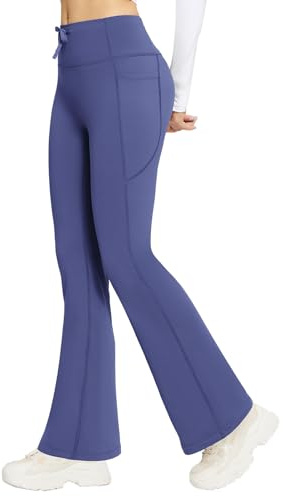 Baleaf - Pantalon de yoga pour femme avec doublure en polaire thermique évasé avec 4 poches et cordon de serrage à taille haute - Pantalon bootcut, bleu marine, L