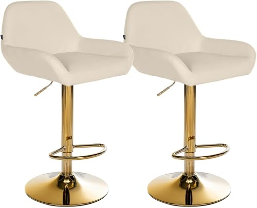 CLP 2er Set Barhocker Braga Kunstleder-Bezug mit Gold-Gestell I höhenverstellbar und 360 drehbar I moderner Barstuhl mit Fußstütze, Farbe:Creme