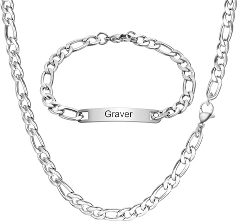 XUANPAI Bracelet Collier Personnalisé Chaîne Gourmette - Chaîne Figaro 1+3 Homme Collier et Bracelet Acier Inoxydable Argenté Bijoux Homme Cadeau pour Anniersaire Noël Père Frère Mari