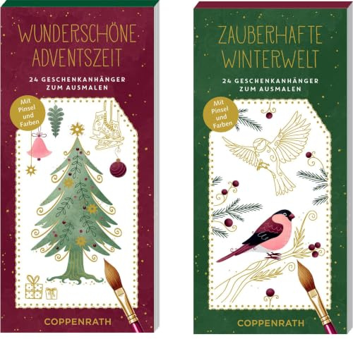 Kreativ-Adventskalender - Wunderschöne Adventszeit / Zauberhafte Winterwelt: 24 Geschenkanhänger zum Ausmalen - Mit Pinsel und Farben