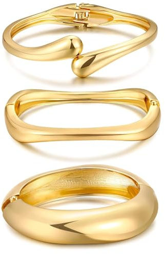 IFKM 3pcs Chunky Gold Bangle Bracelet For Women 14k Gold Plated Trendy Wide Hinged Cuff Open Bracelet Dainty Minimalist Jewelry Gifts