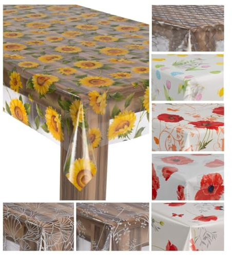 laro Wachstuch-Tischdecke Gartentischdecke, Transparent Sonnenblumen, 120x180 cm, Abwaschbar, Wasserabweisend, PVC Kunststoff mit Fleece-Rückseite