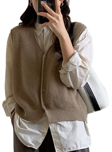 OKSakady Maglia a Maglia Senza Maniche del Collo a V delle Donne Gilet a Strati Cardigan Superiore