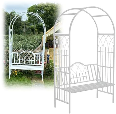 Arche de jardin avec banc en métal blanc pour plantes grimpantes et roses - 210 x 114 cm (H x l)
