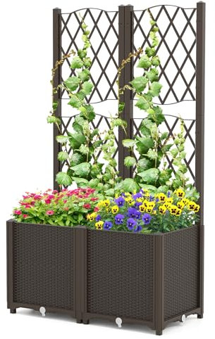 HOMASIS Blumenkasten mit Rankgitter, Pflanzenkasten mit Spalier & Selbstbewässerung, Pflanzkübel Gartenspalier für Kletterpflanzen, Rankkasten Hochbeet für Balkon Garten Terrasse (Braun, 80x40x140cm)