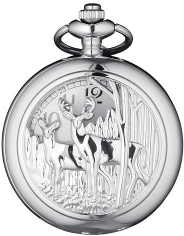 DerMacht Pocket Watch with Chain Deer Reindeer Woodland Men Smooth Silver