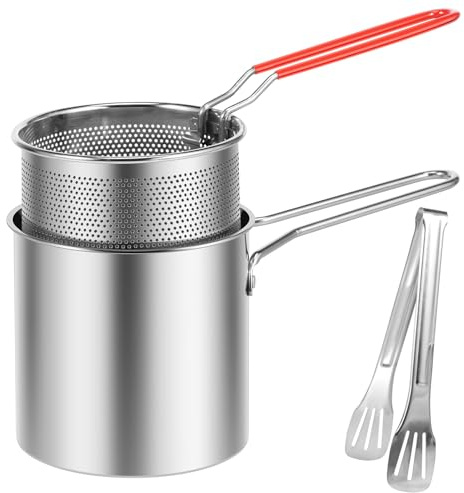 Deep Fat Fryer Stainless Steel Mini Deep Fryer Pot with Strainer Basket and Long Handle Multifunctional Kitchen Container with Strainer for Frying Fish Shrimp Chicken and Fries