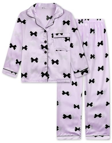 JiAmy pyjamas flickor långärmad pyjamas set sommar barn satin pyjamas 2 stycken button down tonåring nattkläder rosett tryck nattkläder ålder 8–12, violett, 9-10 år