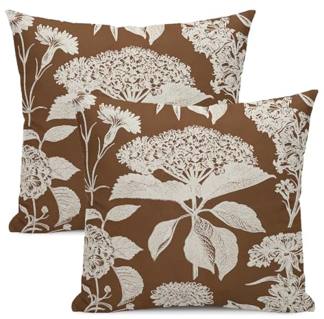 Yxuiyal Floral Pillow Covers 18x18 Set of 2 Brown Beige Hydrangea Herbs Botanical Throw Pillow Cover Outdoor Decor Vintage Boho Flower Pillowcase Farmhouse Decorative Cushion Case for Home Couch Sofa